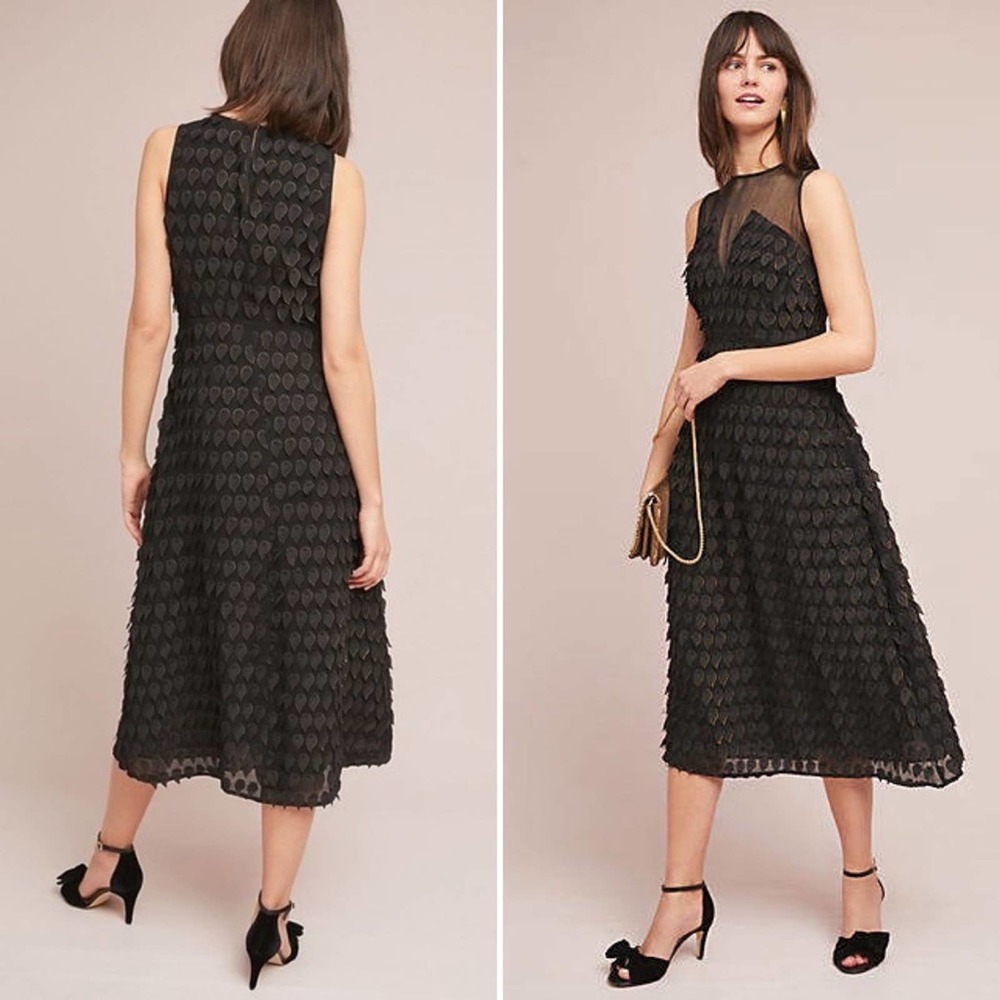 NEW Foxiedox Black Antonia Feather Appliqué Midi Dress M
